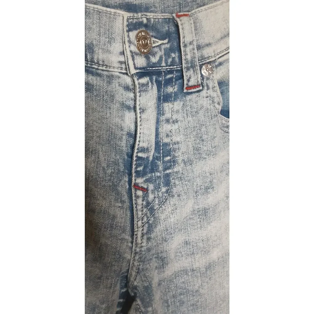 True Religion Geno Mens 31 Jeans Relaxed Slim Acid Wash‎ Blue w/Red Embroidered